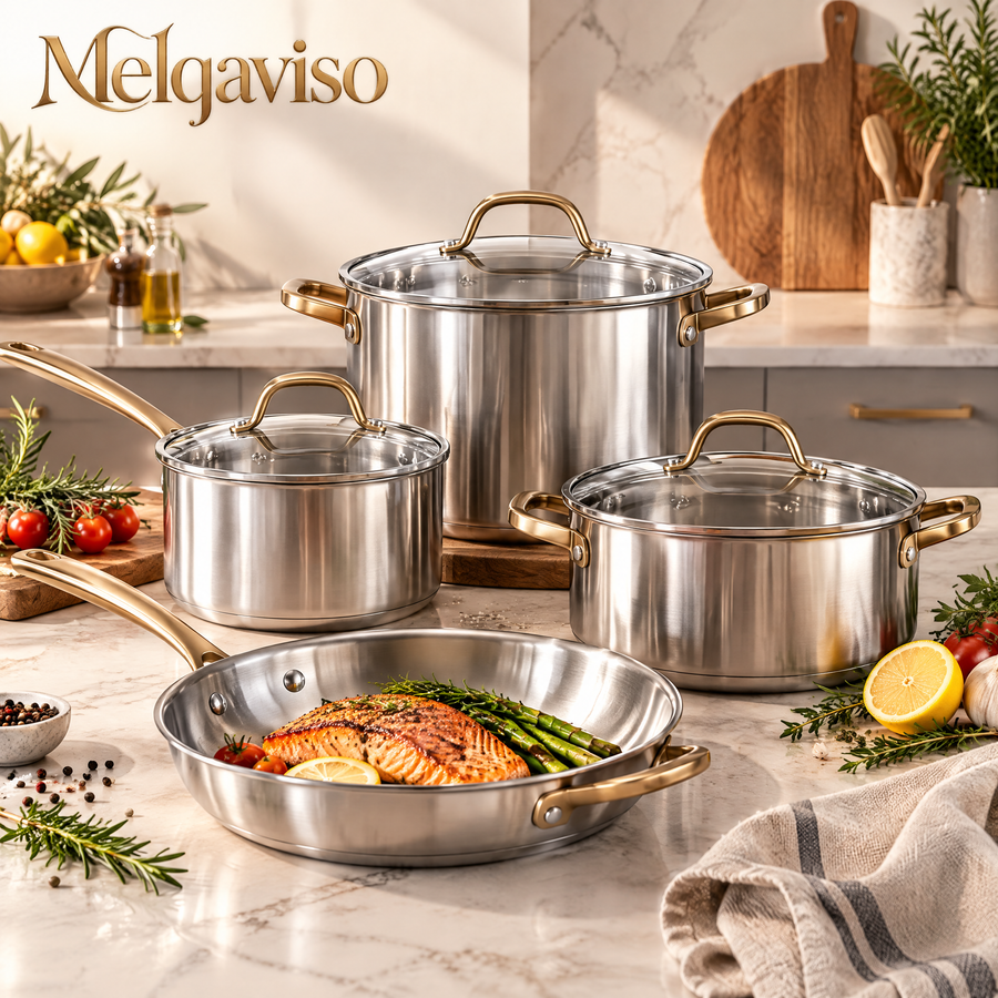Melqaviso 9-Piece Luxury Stainless Steel Cookware Set with Brushed Gold Handles & Tempered Glass Lids