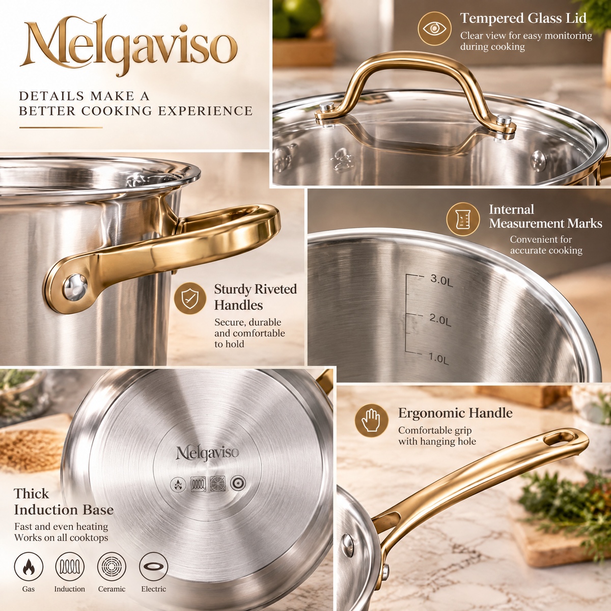 Melqaviso 9-Piece Luxury Stainless Steel Cookware Set with Brushed Gold Handles & Tempered Glass Lids