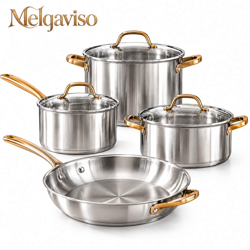 Melqaviso 9-Piece Luxury Stainless Steel Cookware Set with Brushed Gold Handles & Tempered Glass Lids