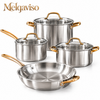 Melqaviso 9-Piece Luxury Stainless Steel Cookware Set with Brushed Gold Handles & Tempered Glass Lids