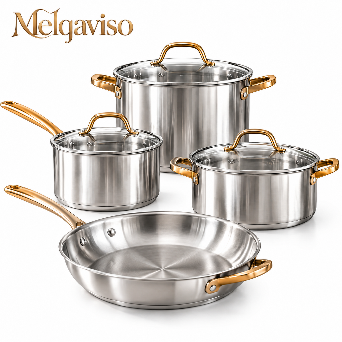 Melqaviso 9-Piece Luxury Stainless Steel Cookware Set with Brushed Gold Handles & Tempered Glass Lids