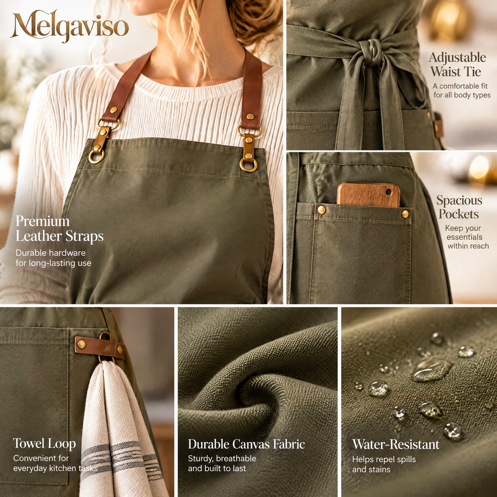 Melqaviso Premium Washed Canvas Kitchen Apron – Sage Green with Brass Hardware & Divided Pockets