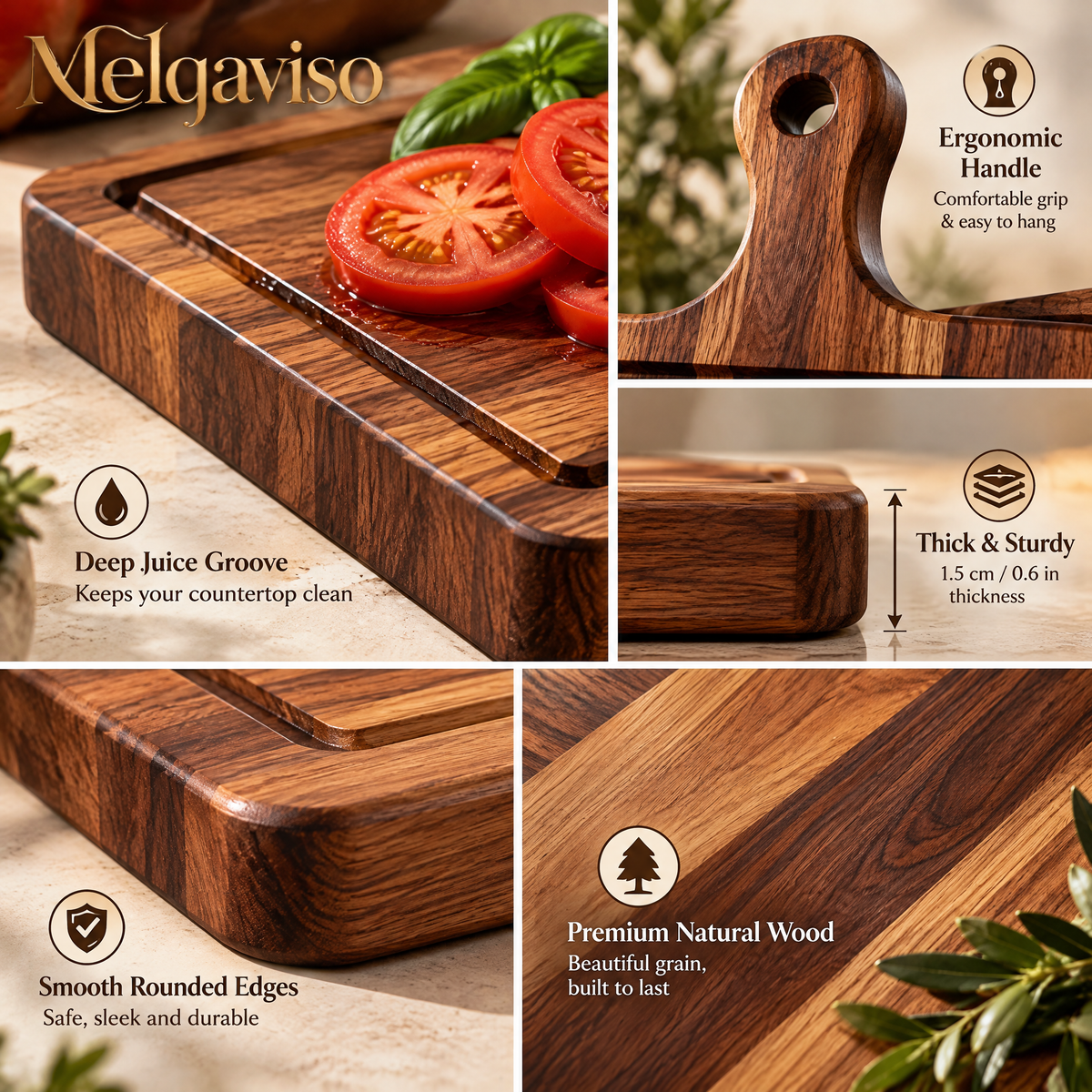 Melqaviso Artisan Solid Oak Cutting & Charcuterie Board Set with Handles & Juice Grooves