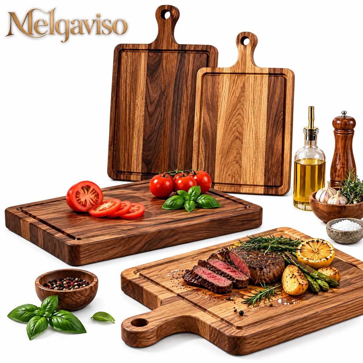 Melqaviso Artisan Solid Oak Cutting & Charcuterie Board Set with Handles & Juice Grooves