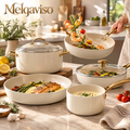 Melgaviso 7-Piece Luxury Ceramic Non-Stick Cookware Set – Aesthetic Pots and Pans with Brushed Gold Handles, Non-Toxic Induction Safe (Cream White)