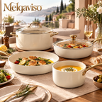 Melgaviso 7-Piece Luxury Ceramic Non-Stick Cookware Set – Aesthetic Pots and Pans with Brushed Gold Handles, Non-Toxic Induction Safe (Cream White)
