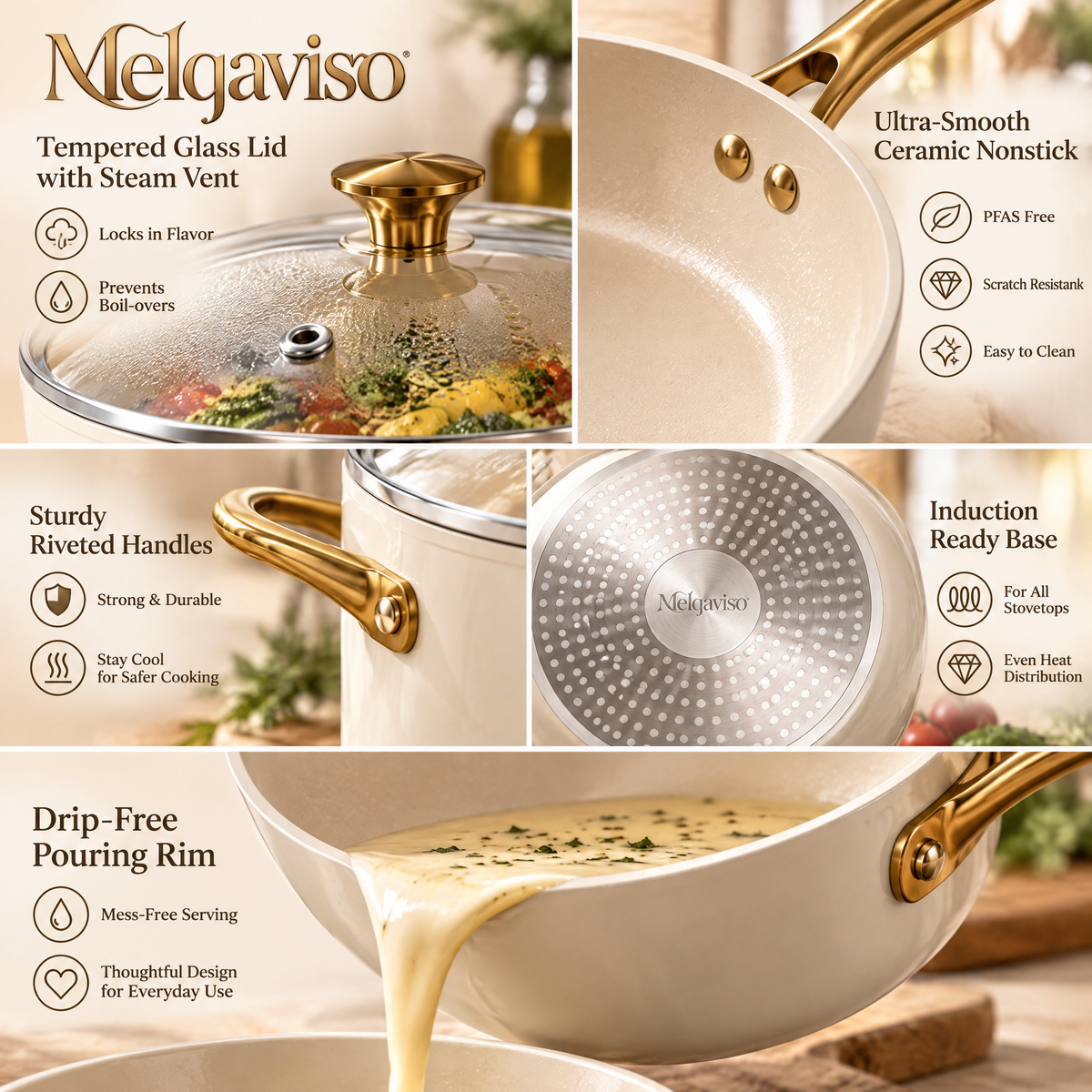 Melgaviso 7-Piece Luxury Ceramic Non-Stick Cookware Set – Aesthetic Pots and Pans with Brushed Gold Handles, Non-Toxic Induction Safe (Cream White)