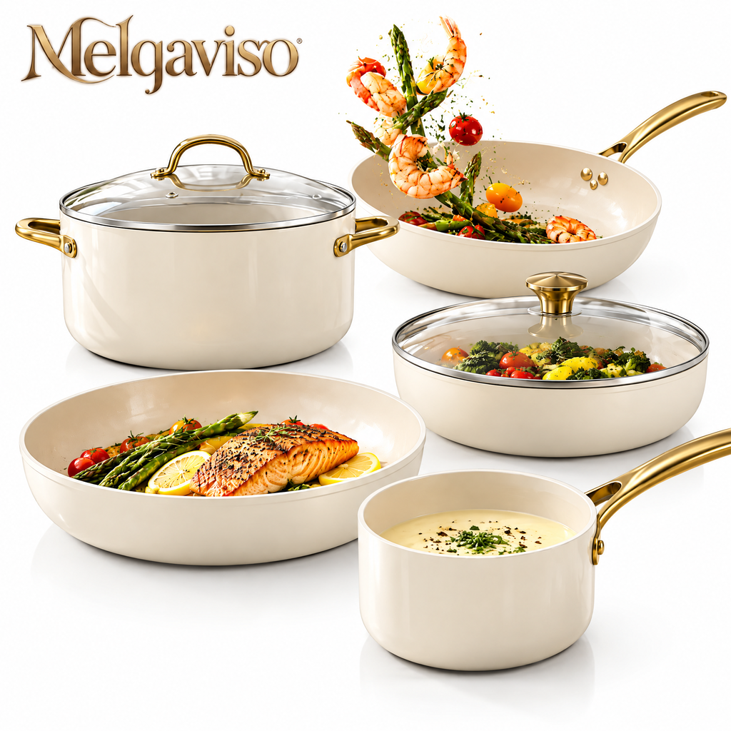 Melgaviso 7-Piece Luxury Ceramic Non-Stick Cookware Set – Aesthetic Pots and Pans with Brushed Gold Handles, Non-Toxic Induction Safe (Cream White)