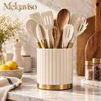 Melqaviso Luxury Silicone Kitchen Utensil Set with Fluted Gold-Trim Holder – Non-Stick Cooking Utensils with Natural Wood Handles & Brass Accents, Heat-Resistant BPA-Free (Cream White & Gold)