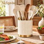 Melqaviso Luxury Silicone Kitchen Utensil Set with Fluted Gold-Trim Holder – Non-Stick Cooking Utensils with Natural Wood Handles & Brass Accents, Heat-Resistant BPA-Free (Cream White & Gold)
