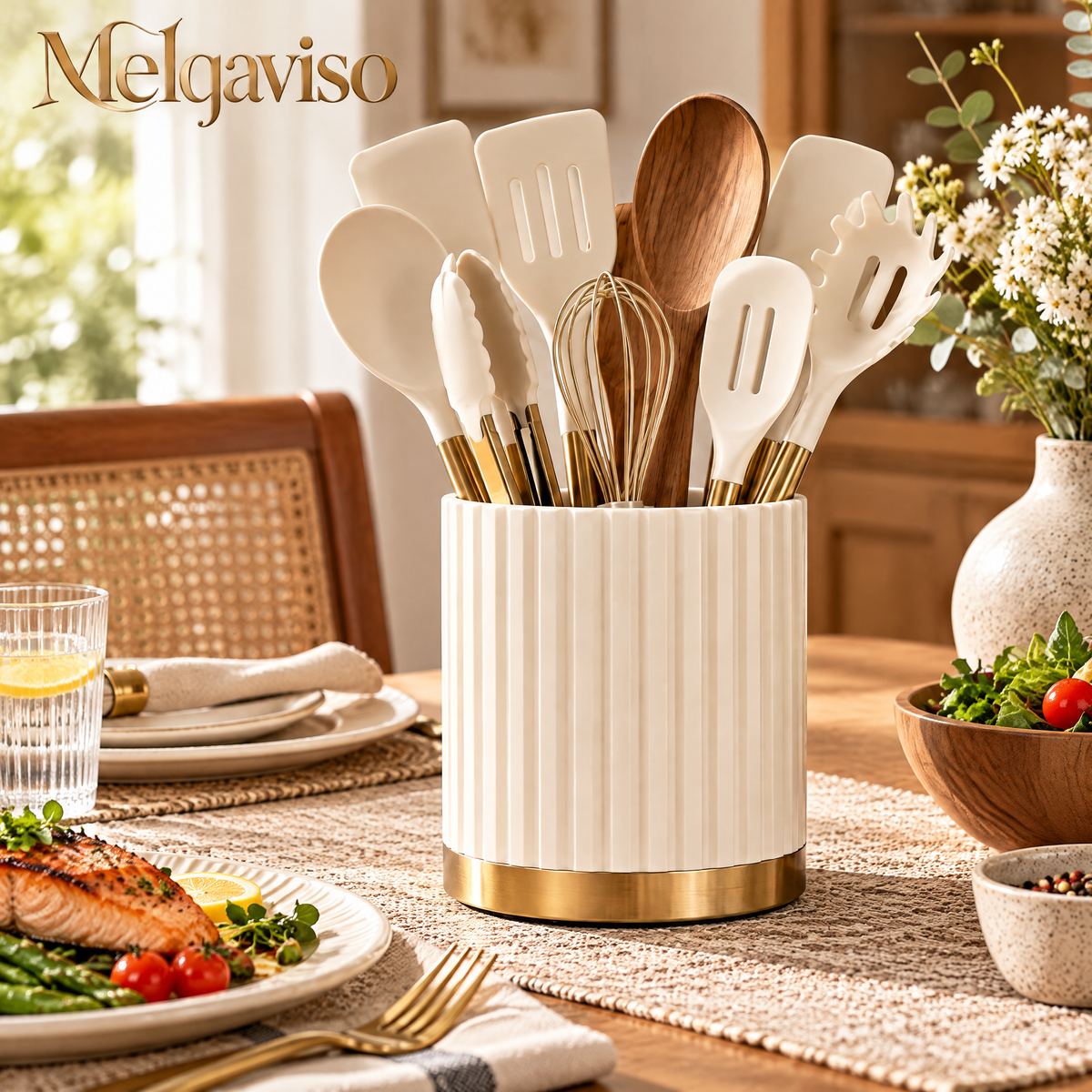 Melqaviso Luxury Silicone Kitchen Utensil Set with Fluted Gold-Trim Holder – Non-Stick Cooking Utensils with Natural Wood Handles & Brass Accents, Heat-Resistant BPA-Free (Cream White & Gold)