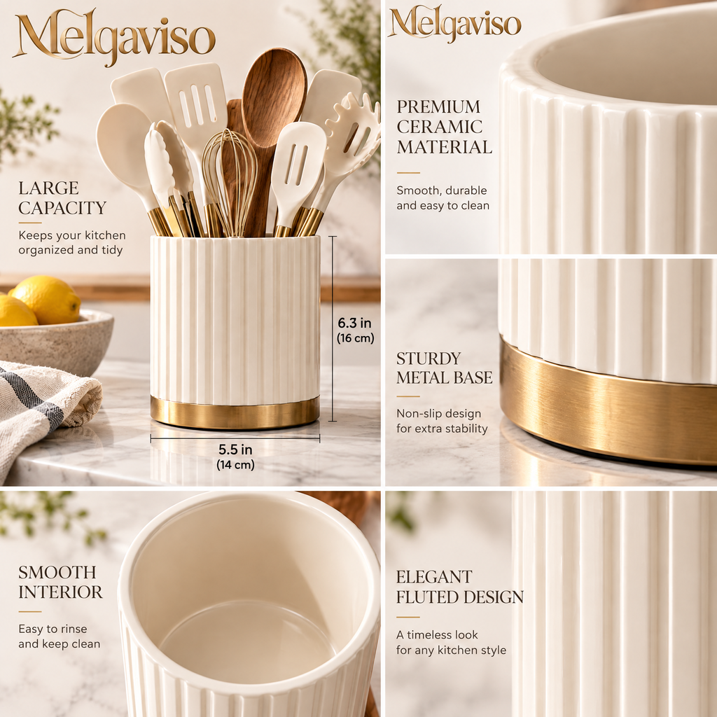 Melqaviso Luxury Silicone Kitchen Utensil Set with Fluted Gold-Trim Holder – Non-Stick Cooking Utensils with Natural Wood Handles & Brass Accents, Heat-Resistant BPA-Free (Cream White & Gold)