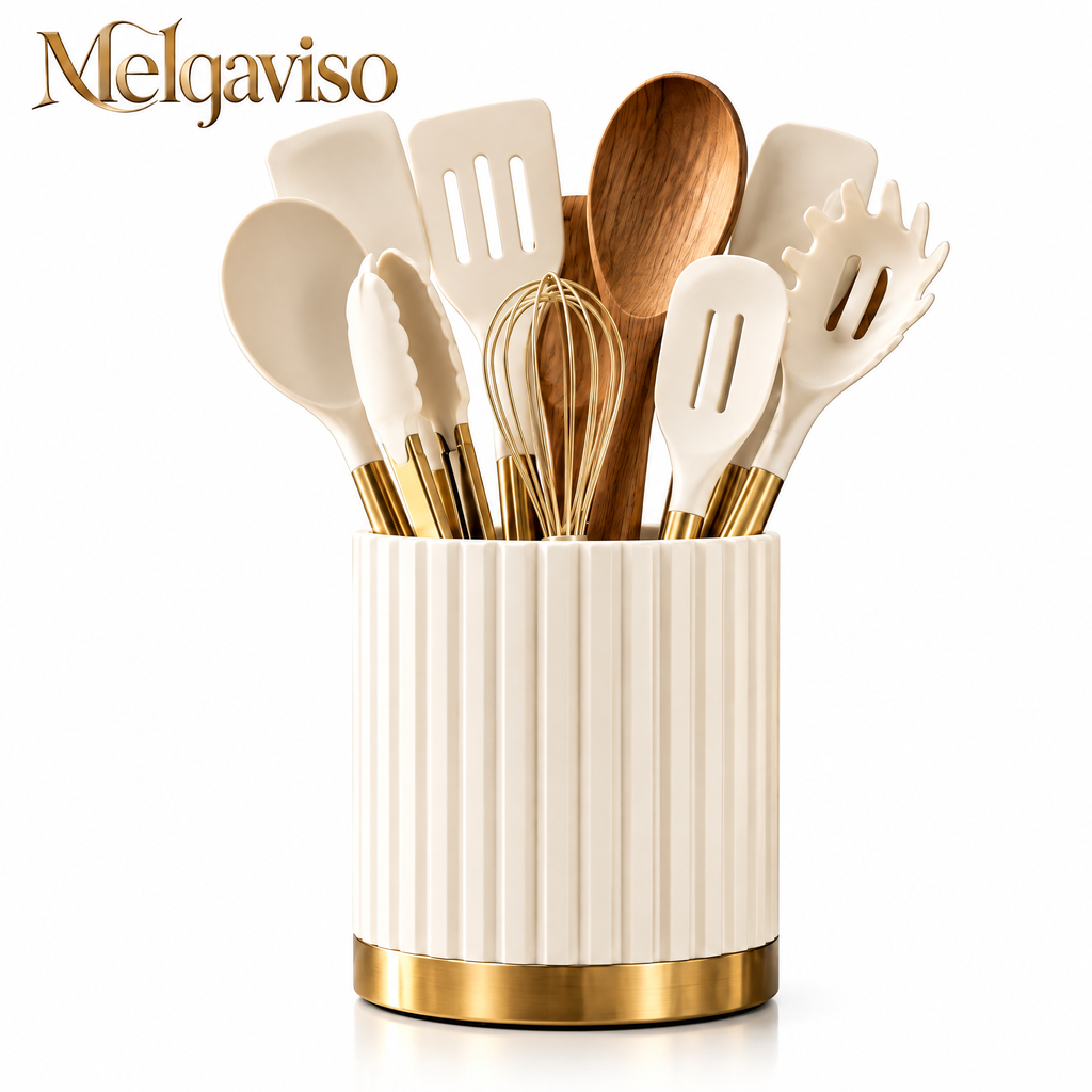 Melqaviso Luxury Silicone Kitchen Utensil Set with Fluted Gold-Trim Holder – Non-Stick Cooking Utensils with Natural Wood Handles & Brass Accents, Heat-Resistant BPA-Free (Cream White & Gold)