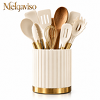 Melqaviso Luxury Silicone Kitchen Utensil Set with Fluted Gold-Trim Holder – Non-Stick Cooking Utensils with Natural Wood Handles & Brass Accents, Heat-Resistant BPA-Free (Cream White & Gold)