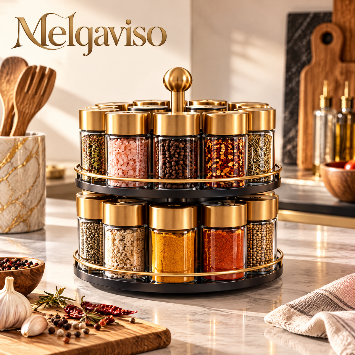 Melqaviso 2-Tier Countertop Spice Rack with 12 Glass Jars & Brushed Gold Lids