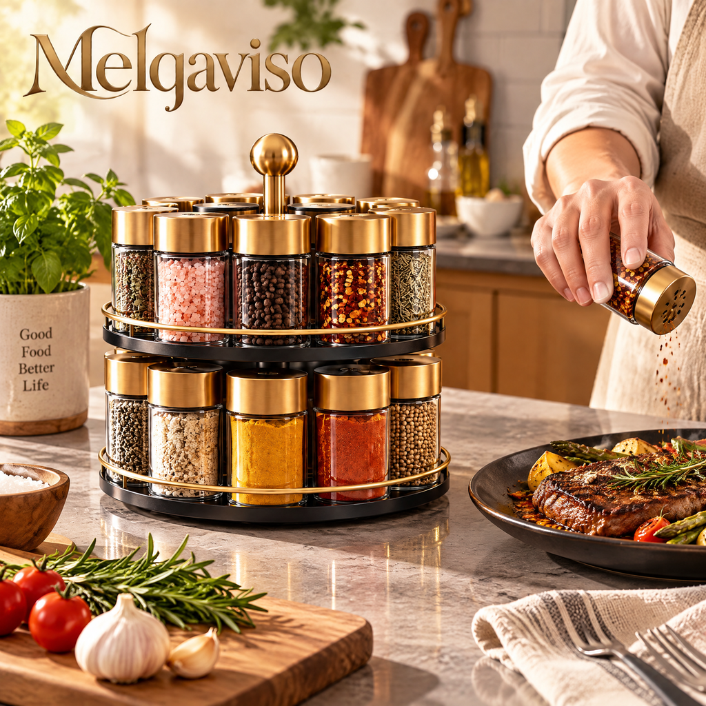 Melqaviso 2-Tier Countertop Spice Rack with 12 Glass Jars & Brushed Gold Lids