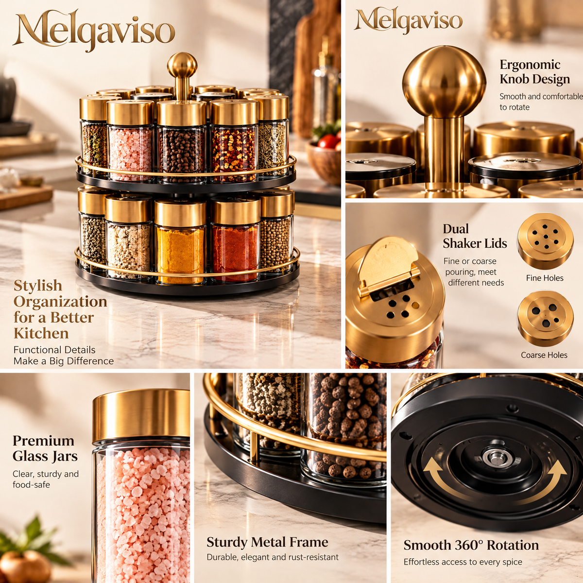 Melqaviso 2-Tier Countertop Spice Rack with 12 Glass Jars & Brushed Gold Lids