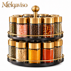 Melqaviso 2-Tier Countertop Spice Rack with 12 Glass Jars & Brushed Gold Lids