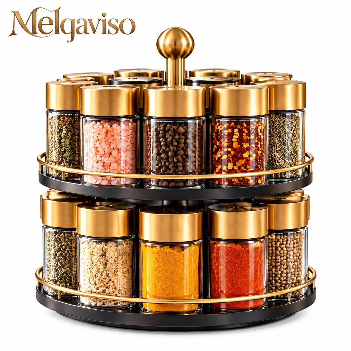 Melqaviso 2-Tier Countertop Spice Rack with 12 Glass Jars & Brushed Gold Lids