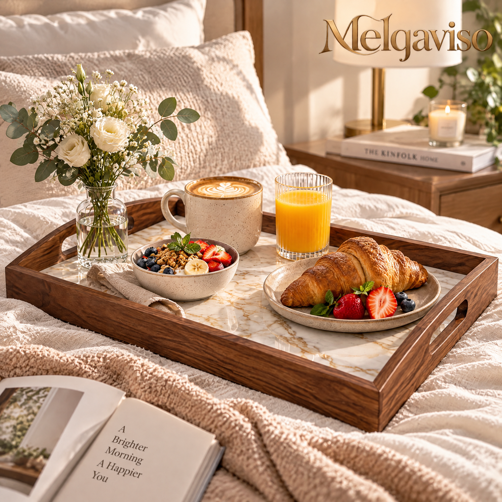 Melqaviso Luxury Marble & Solid Walnut Serving Tray with Handles, Decorative Breakfast & Ottoman Platter