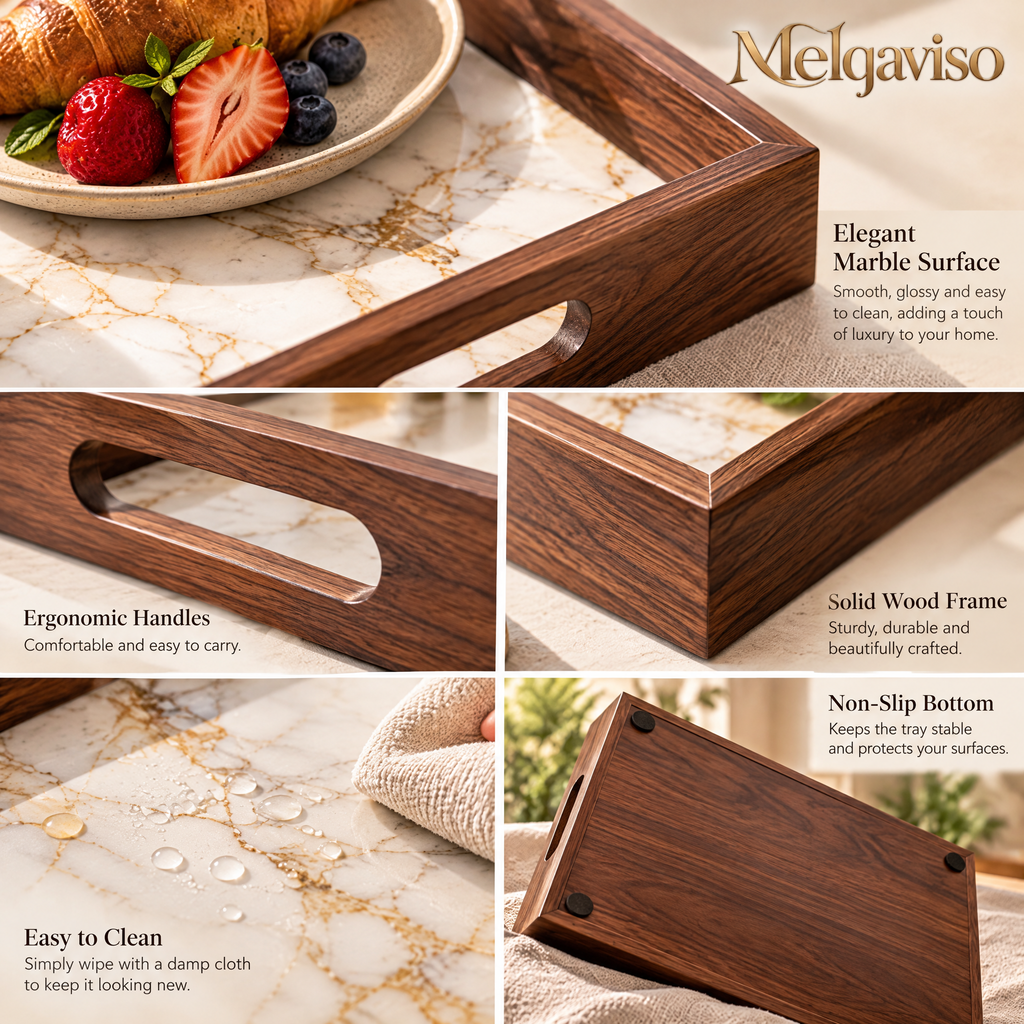 Melqaviso Luxury Marble & Solid Walnut Serving Tray with Handles, Decorative Breakfast & Ottoman Platter