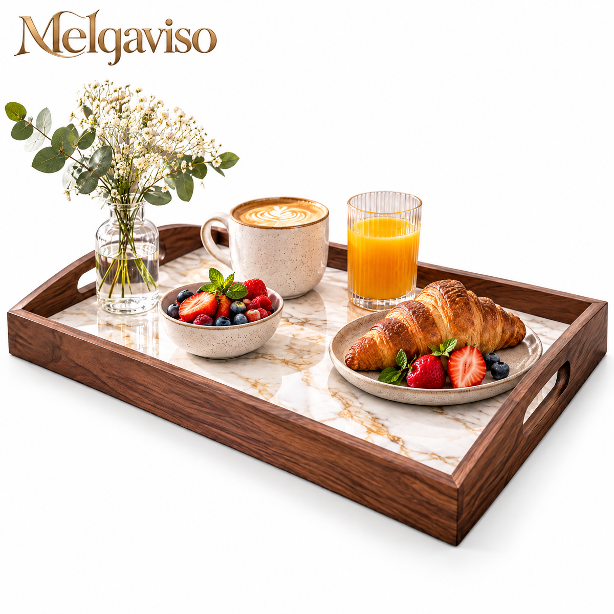 Melqaviso Luxury Marble & Solid Walnut Serving Tray with Handles, Decorative Breakfast & Ottoman Platter