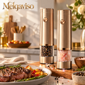 Melqaviso Electric Salt and Pepper Grinder Set – Luxury One-Touch Automatic Spice Mill with Warm LED Light (Champagne Gold & Midnight Navy, Set of 2)