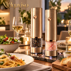 Melqaviso Electric Salt and Pepper Grinder Set – Luxury One-Touch Automatic Spice Mill with Warm LED Light (Champagne Gold & Midnight Navy, Set of 2)