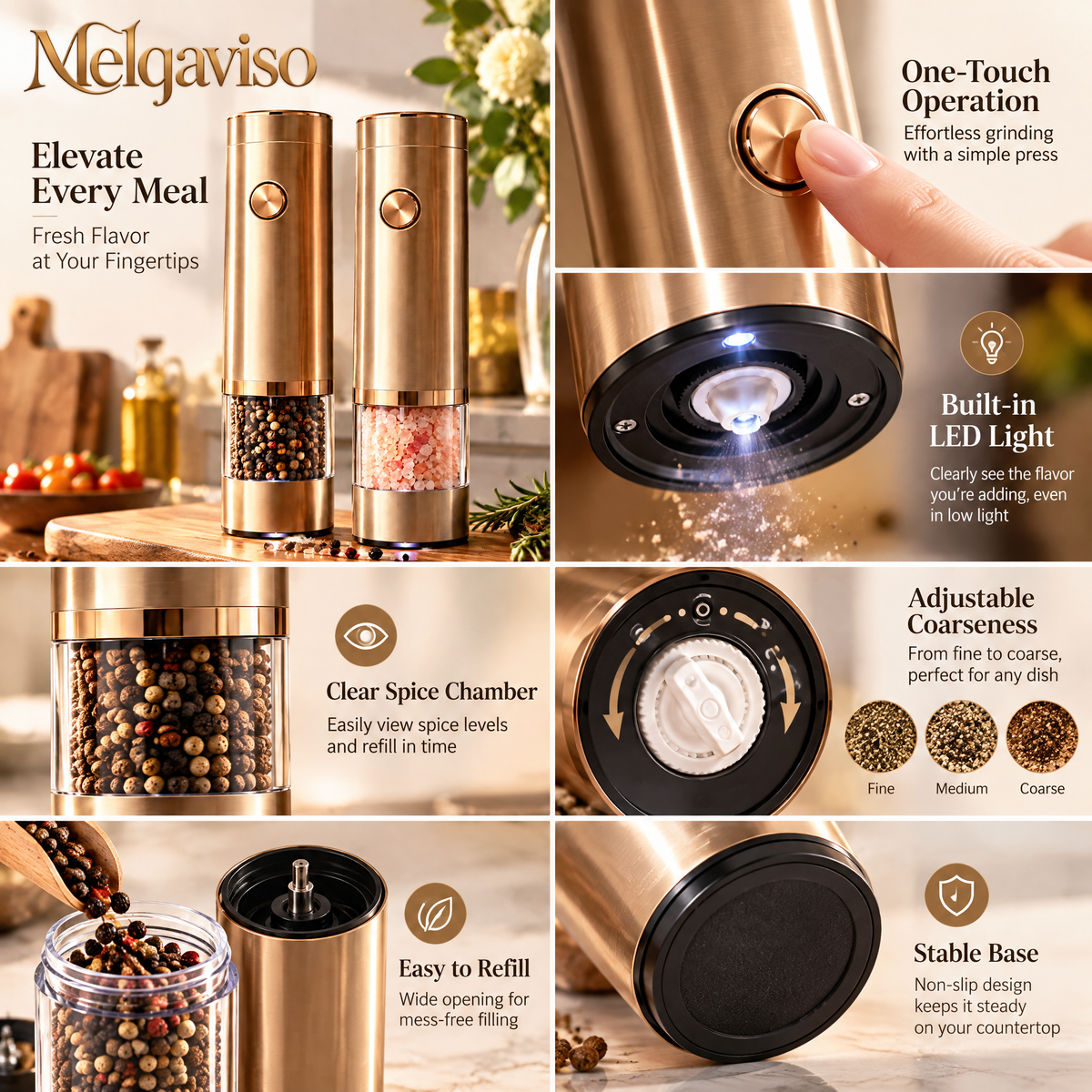 Melqaviso Electric Salt and Pepper Grinder Set – Luxury One-Touch Automatic Spice Mill with Warm LED Light (Champagne Gold & Midnight Navy, Set of 2)