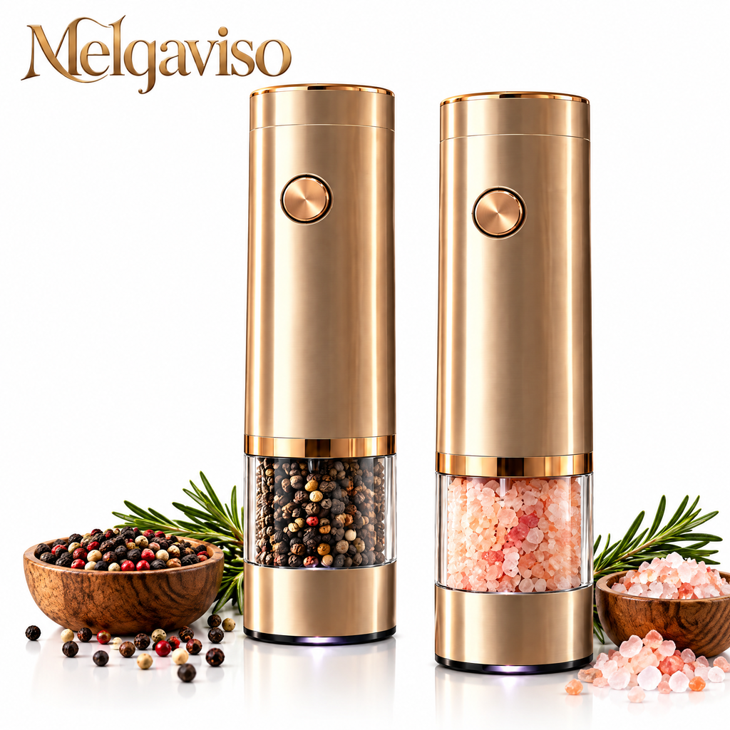 Melqaviso Electric Salt and Pepper Grinder Set – Luxury One-Touch Automatic Spice Mill with Warm LED Light (Champagne Gold & Midnight Navy, Set of 2)
