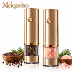 Melqaviso Electric Salt and Pepper Grinder Set – Luxury One-Touch Automatic Spice Mill with Warm LED Light (Champagne Gold & Midnight Navy, Set of 2)