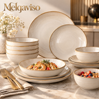 Melqaviso Speckled Stoneware Dinnerware Set, Handcrafted Brown Rim Plates and Bowls Service for 4, Microwave & Dishwasher Safe (16-Piece)
