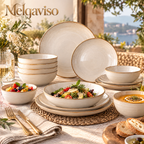 Melqaviso Speckled Stoneware Dinnerware Set, Handcrafted Brown Rim Plates and Bowls Service for 4, Microwave & Dishwasher Safe (16-Piece)