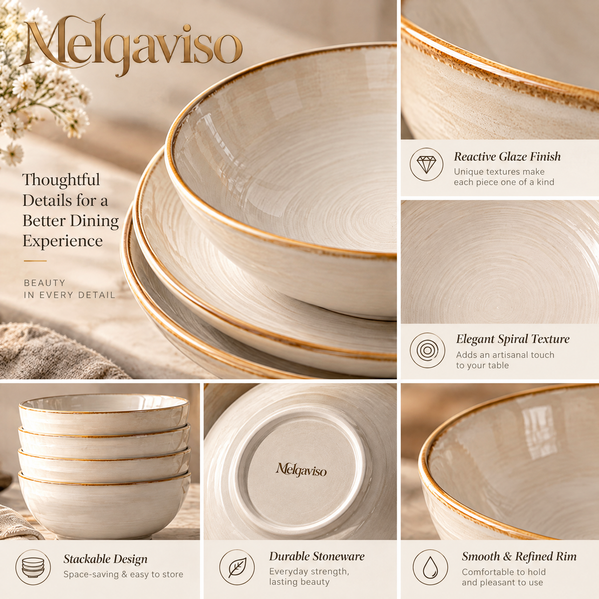 Melqaviso Speckled Stoneware Dinnerware Set, Handcrafted Brown Rim Plates and Bowls Service for 4, Microwave & Dishwasher Safe (16-Piece)