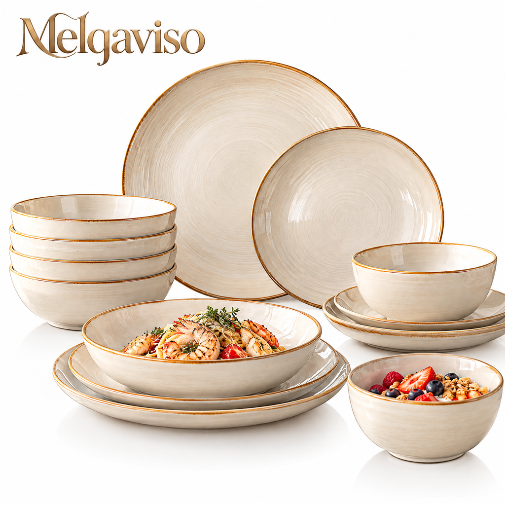 Melqaviso Speckled Stoneware Dinnerware Set, Handcrafted Brown Rim Plates and Bowls Service for 4, Microwave & Dishwasher Safe (16-Piece)