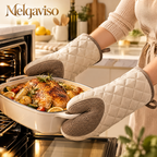 Melqaviso Quilted Canvas Oven Mitts with Leather Trim – Heat Resistant Luxury Kitchen Gloves for Baking & Cooking (Set of 2, Oat Cream)