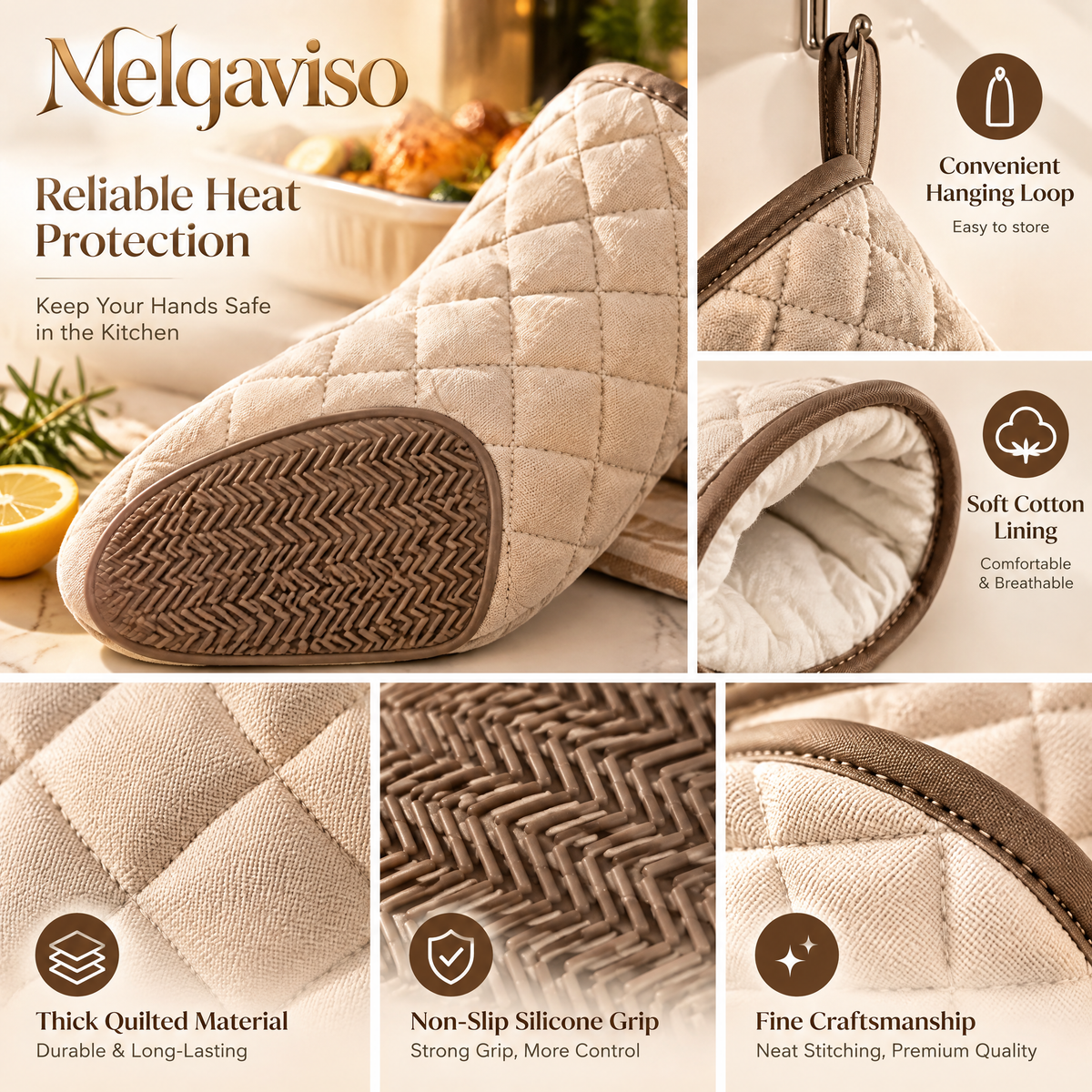 Melqaviso Quilted Canvas Oven Mitts with Leather Trim – Heat Resistant Luxury Kitchen Gloves for Baking & Cooking (Set of 2, Oat Cream)