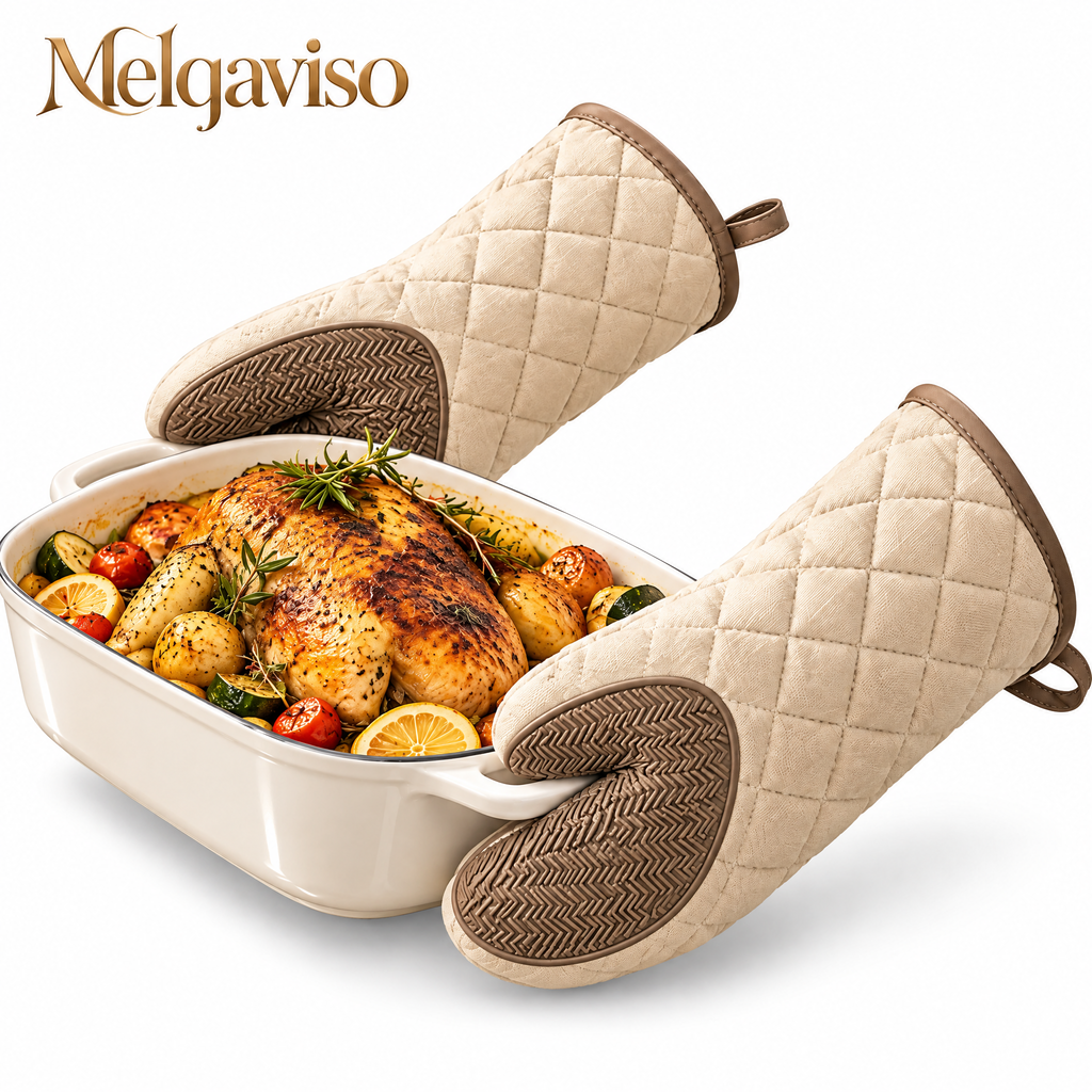 Melqaviso Quilted Canvas Oven Mitts with Leather Trim – Heat Resistant Luxury Kitchen Gloves for Baking & Cooking (Set of 2, Oat Cream)